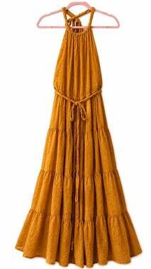Dress Forum Los Angeles Maxi Dress S Mustard Cotton Swiss Dot Halter Open Back